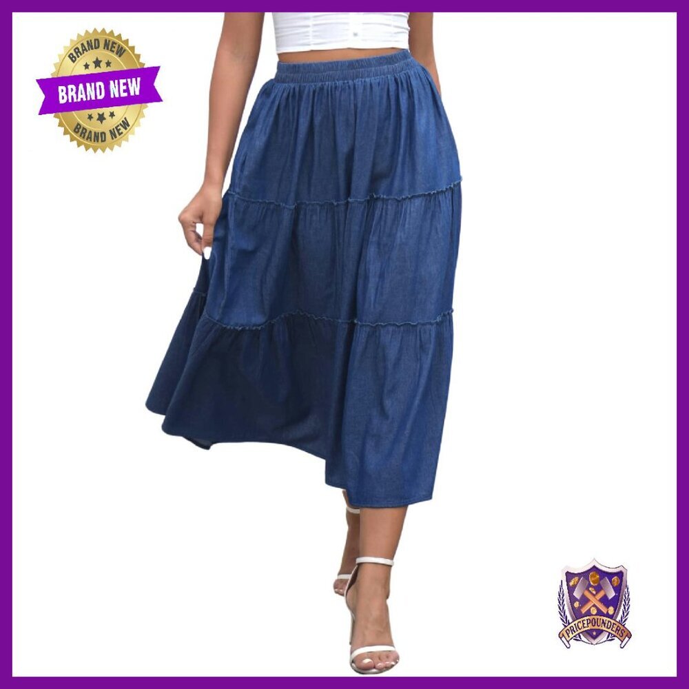Women's Pleated Maxi Skirt Elastic Waist Tiered Ruffles Pockets Summer